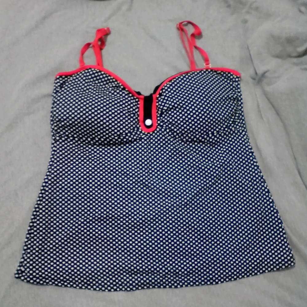 Wave Zone Black And White Polkadot Swim Top with Red Trim